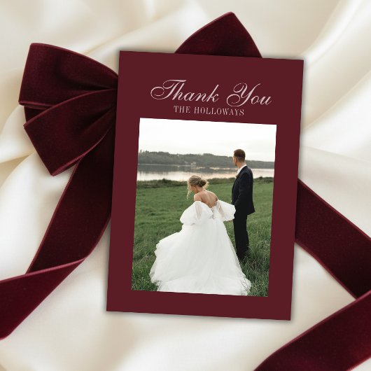 Elegant Script Burgundy Red Flat Thank You Card Dankeskarte