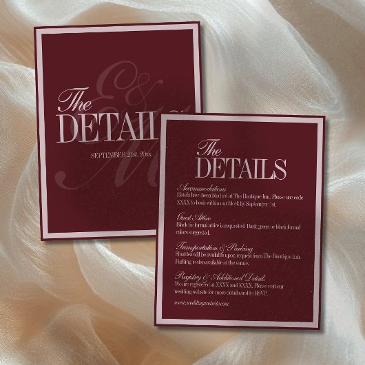Elegant Script Burgundy Red Formal Wedding Details Begleitkarte