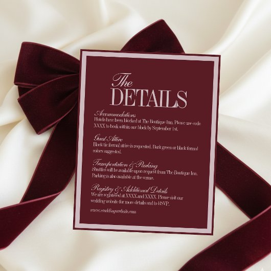Elegant Script Burgundy Red Formal Wedding Details Begleitkarte