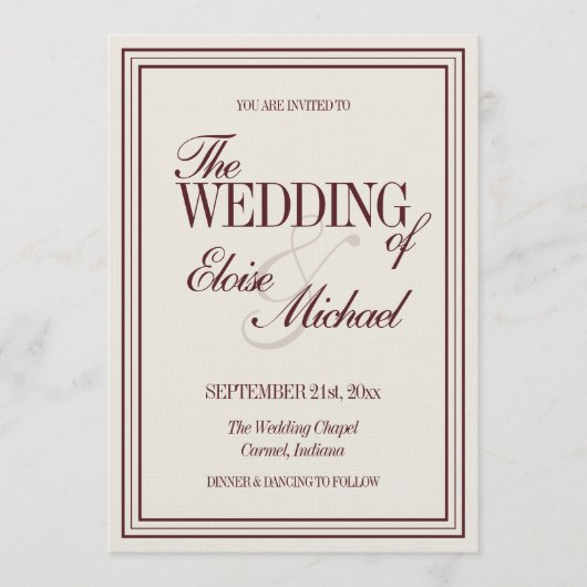 Elegant Script Burgundy Red Formal Wedding  Einladung (Vorderseite)