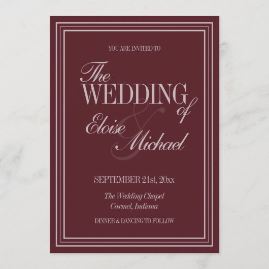 Elegant Script Burgundy Red Formal Wedding Einladung (Vorderseite)