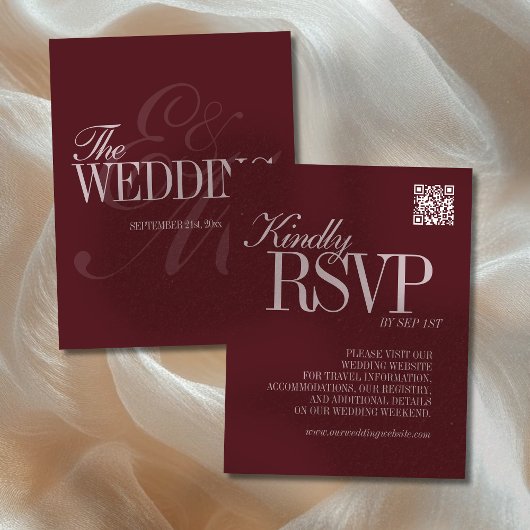 Elegant Script Burgundy Red QR Code Formal Wedding RSVP Karte