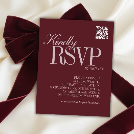 Elegant Script Burgundy Red QR Code Formal Wedding RSVP Karte