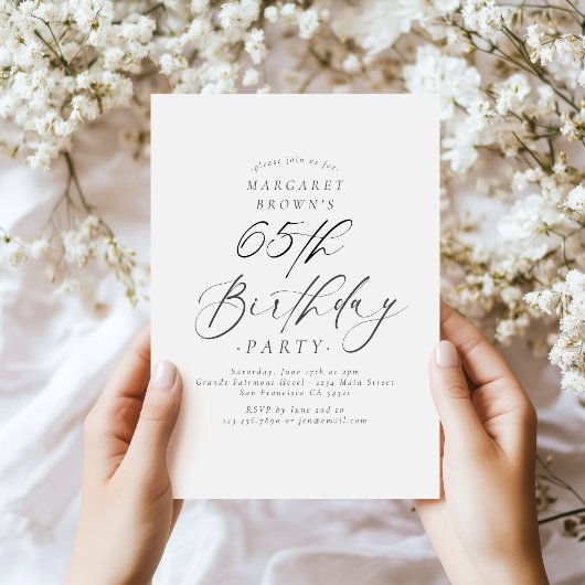 Elegant Script Calligraphy 65th Birthday Party Einladung