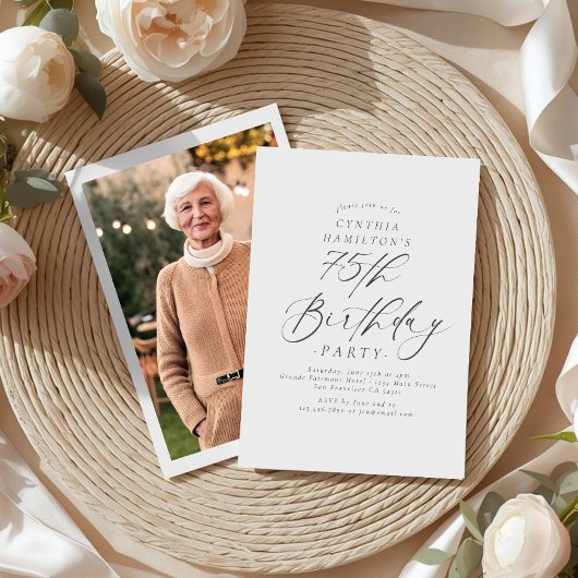Elegant Script Calligraphy 75th Birthday Photo Einladung