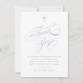 Elegant Script Calligraphy Dusty Blue Boys Baptism Dankeskarte (Vorderseite)