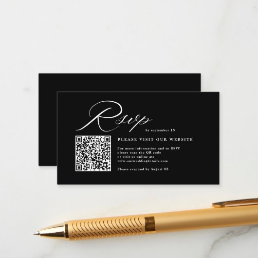 Elegant Script Calligraphy & QR Code Wedding RSVP Begleitkarte (Vorderseite/Rückseite Beispiel)