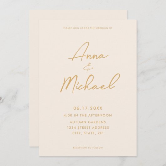 Elegant Script Champagne Wedding Einladung (Vorne/Hinten)