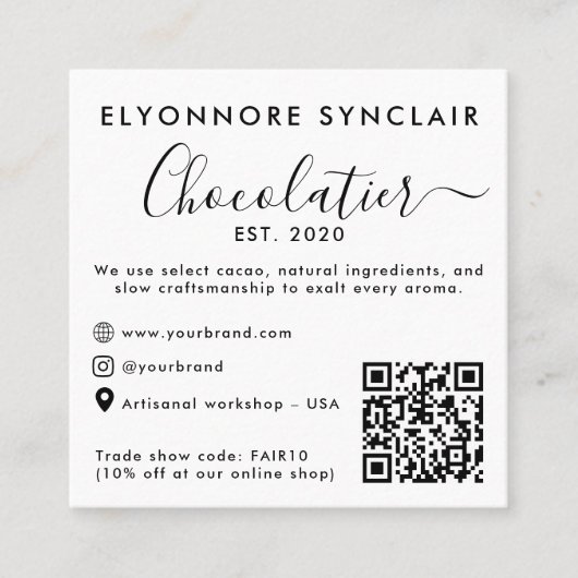 Elegant Script Chocolatier Brand Photo QR Code Telefonnummerkarte (Vorderseite)