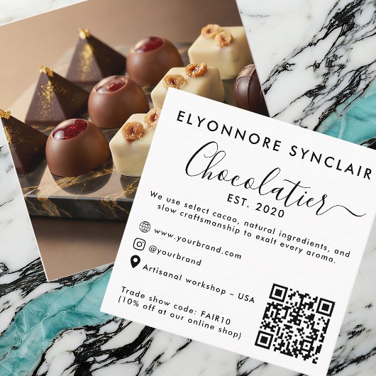 Elegant Script Chocolatier Brand Photo QR Code Telefonnummerkarte