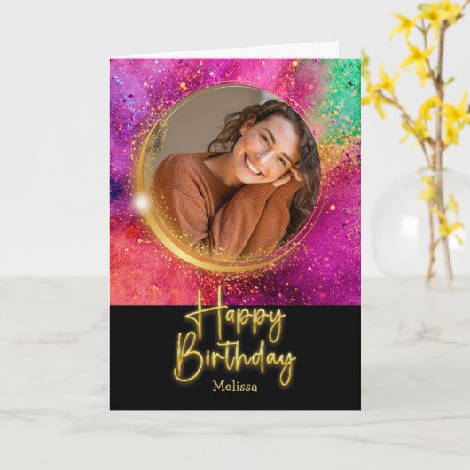 Elegant Script Colorful Glitter Photo Birthday Karte (Gelbe Blume)