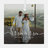 Elegant Script & Custom Newlyweds Photo Christmas Ornament Aus Glas (Rückseite)
