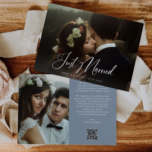 Elegant Script Dusty Blue | QR Code Just Married Einladung