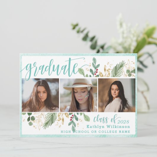 Elegant Script Eucalyptus Greenery 3 Foto Grad Einladung (Stehend Vorderseite)