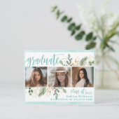 Elegant Script Eucalyptus Greenery 3 Foto Grad Einladungspostkarte (Stehend Vorderseite)