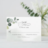 Elegant Script Eucalyptus Greenery Wedding RSVP Karte (Stehend Vorderseite)