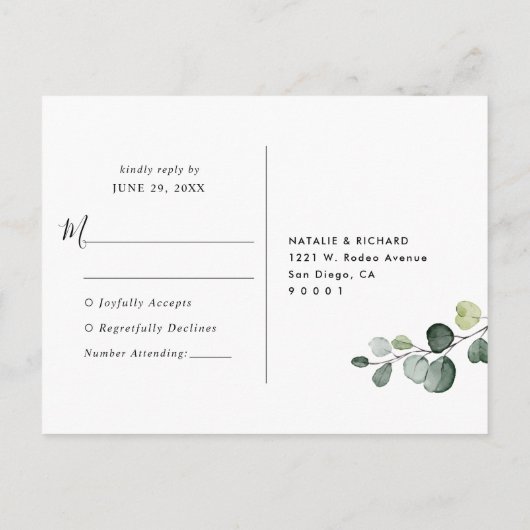 Elegant Script Eucalyptus Greenery Wedding Rsvp Postkarte (Rückseite)