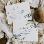 Elegant Script Eucalyptus Greenery Wedding Rsvp Postkarte<br><div class="desc">Diese individuell gestaltbare UAwg Postcard ist für die Abstimmung mit unserer Hochzeitskollektion Boho Greenery konzipiert und verfügt über üppige Aquarellfarben-Eukalyptus-Blätter gepaart mit einem romantischen Kalligraphie-Grafik-Text,  gepaart mit einer klassischen Serif & modernen Sans-Schriftart in Schwarz. Matching-Elemente verfügbar.</div>