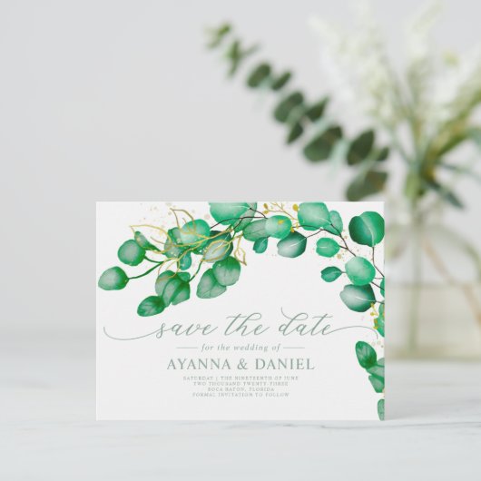 Elegant Script Eukalyptus Greenery Save the Date Postkarte (Stehend Vorderseite)