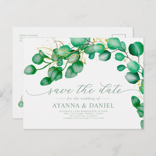 Elegant Script Eukalyptus Greenery Save the Date Postkarte (Vorne/Hinten)