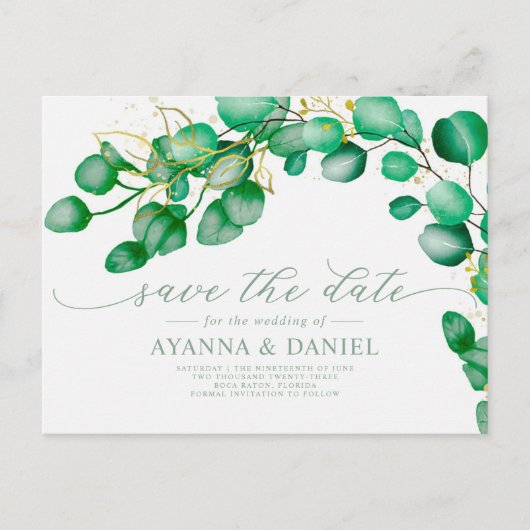 Elegant Script Eukalyptus Greenery Save the Date Postkarte (Vorderseite)