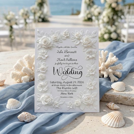 Elegant Script Faux Embossed Roses Formal Wedding Einladung