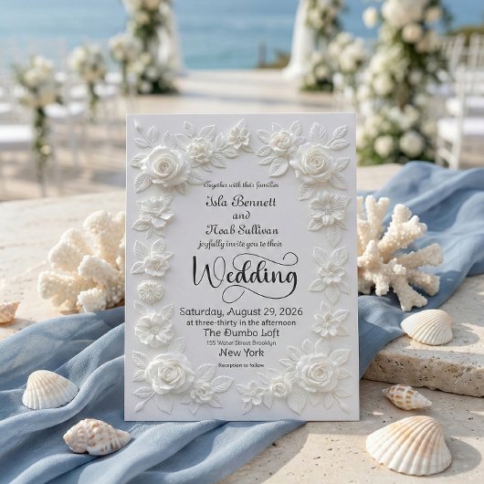 Elegant Script Faux Embossed Roses Formal Wedding Einladung