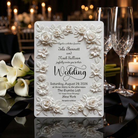 Elegant Script Faux Embossed Roses Formal Wedding Einladung