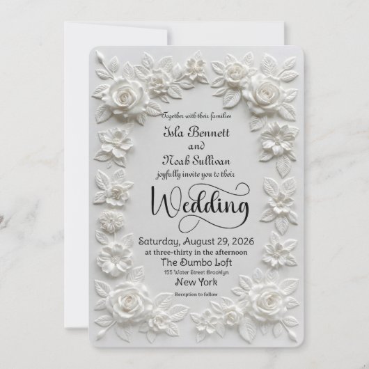 Elegant Script Faux Embossed Roses Formal Wedding Einladung (Vorderseite)