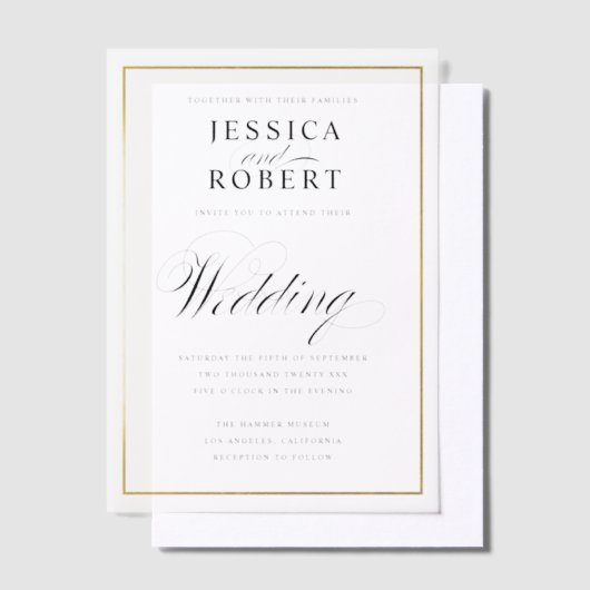 Elegant Script Faux Gold Border Wedding Pergament Einladungen (Versetzt)