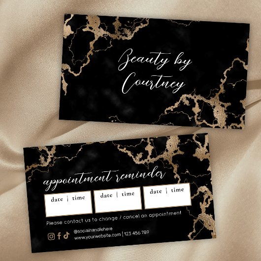 Elegant Script Gold & Black Marble Beauty Salon Terminkarte