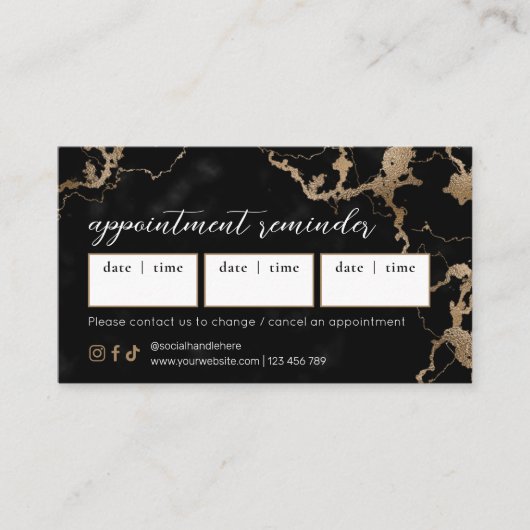 Elegant Script Gold & Black Marble Beauty Salon Terminkarte (Vorderseite)