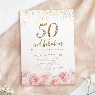 Elegant script gold & blush floral 50th birthday einladung