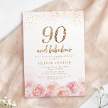 Elegant script gold & blush floral 90th birthday<br><div class="desc">Modern chic "90 and fabulous" script,  trendy faux gold glitter and blush pink watercolor floral design,  elegant and stylish,  great 90th birthday party invitations.</div>