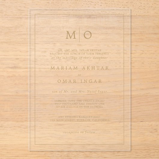 Elegant Script Gold Monogram Acryleinladungen (Vorderseite)