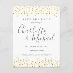 Elegant Script Goldene Herzen Konfetti Save the Da Postkarte