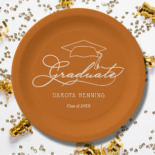 Elegant Script Grad Cap Burnt Orange Abschluss Pappteller