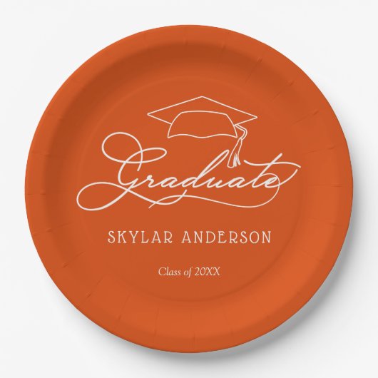 Elegant Script Grad Cap Orange Abschluss Pappteller (Vorderseite)