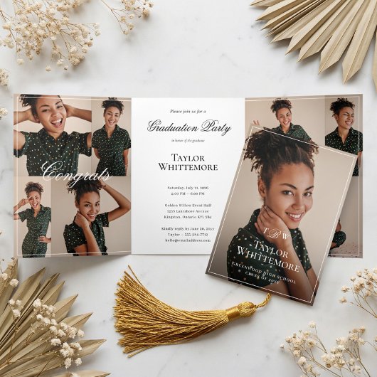 Elegant Script Grad Photo Collage Graduation Party Dreifach Gefaltete Einladung