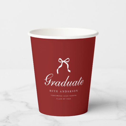 Elegant Script Graduation Party Red Coquette Bow Pappbecher (Rückseite)