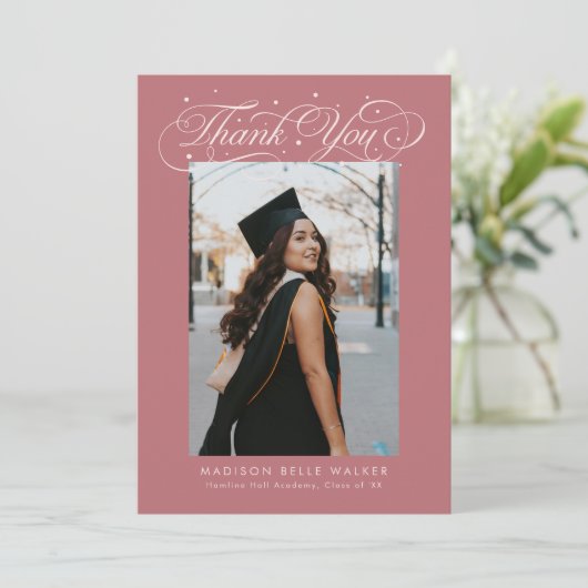 Elegant Script Graduation Photo Pink Dankeskarte (Stehend Vorderseite)