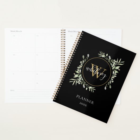 Elegant Script Greenery Monogram Black 2023 Planer (Anzeige)
