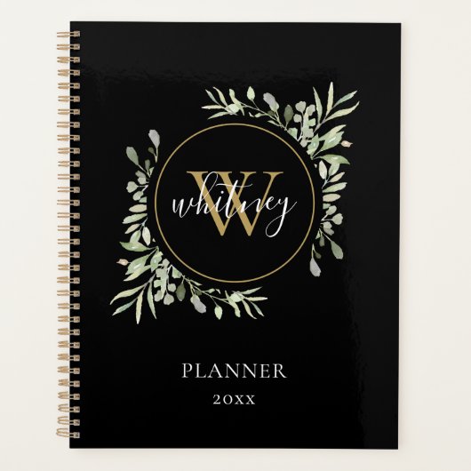 Elegant Script Greenery Monogram Black 2023 Planer (Vorderseite)