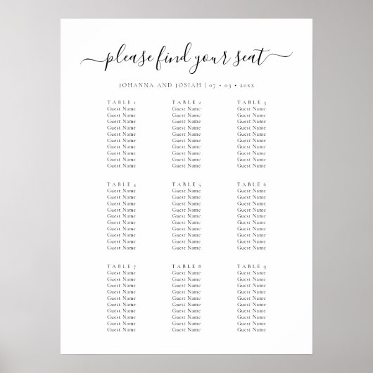 Elegant Script  Guest List Wedding Seating Chart Poster (Vorne)