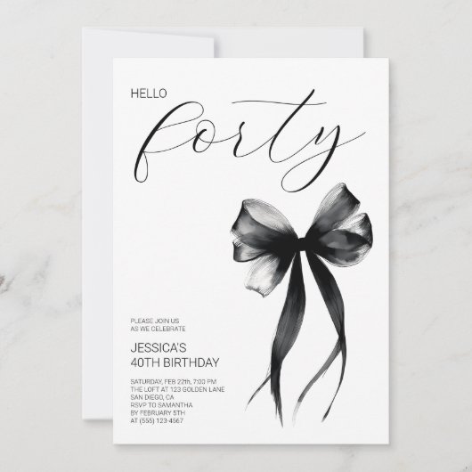 Elegant Script Hello Forty Bow 40th Birthday Party Einladung (Vorderseite)