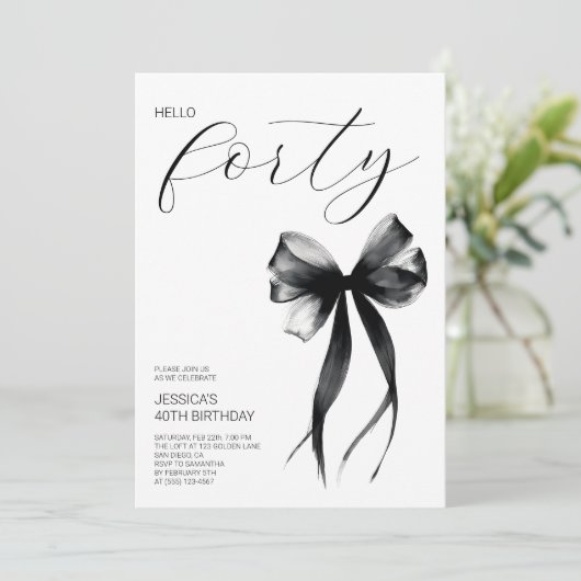Elegant Script Hello Forty Bow 40th Birthday Party Einladung (Stehend Vorderseite)