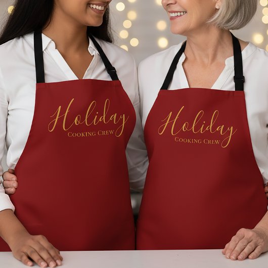 Elegant Script Holiday Cooking Crew Red Gold Schürze