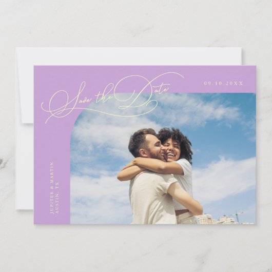 Elegant Script Lemon Wisteria Curved Frame Photo Save The Date (Vorderseite)