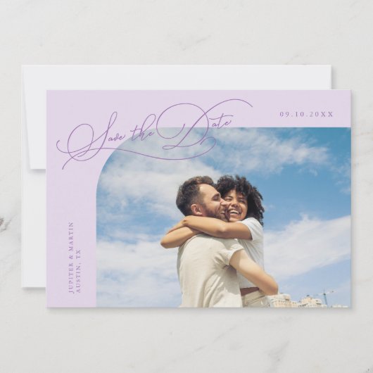 Elegant Script Lilac Curved Frame Photo Save The Date (Vorderseite)