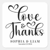 Elegant Script Love and Thanks Wedding Quadratischer Aufkleber (Vorderseite)